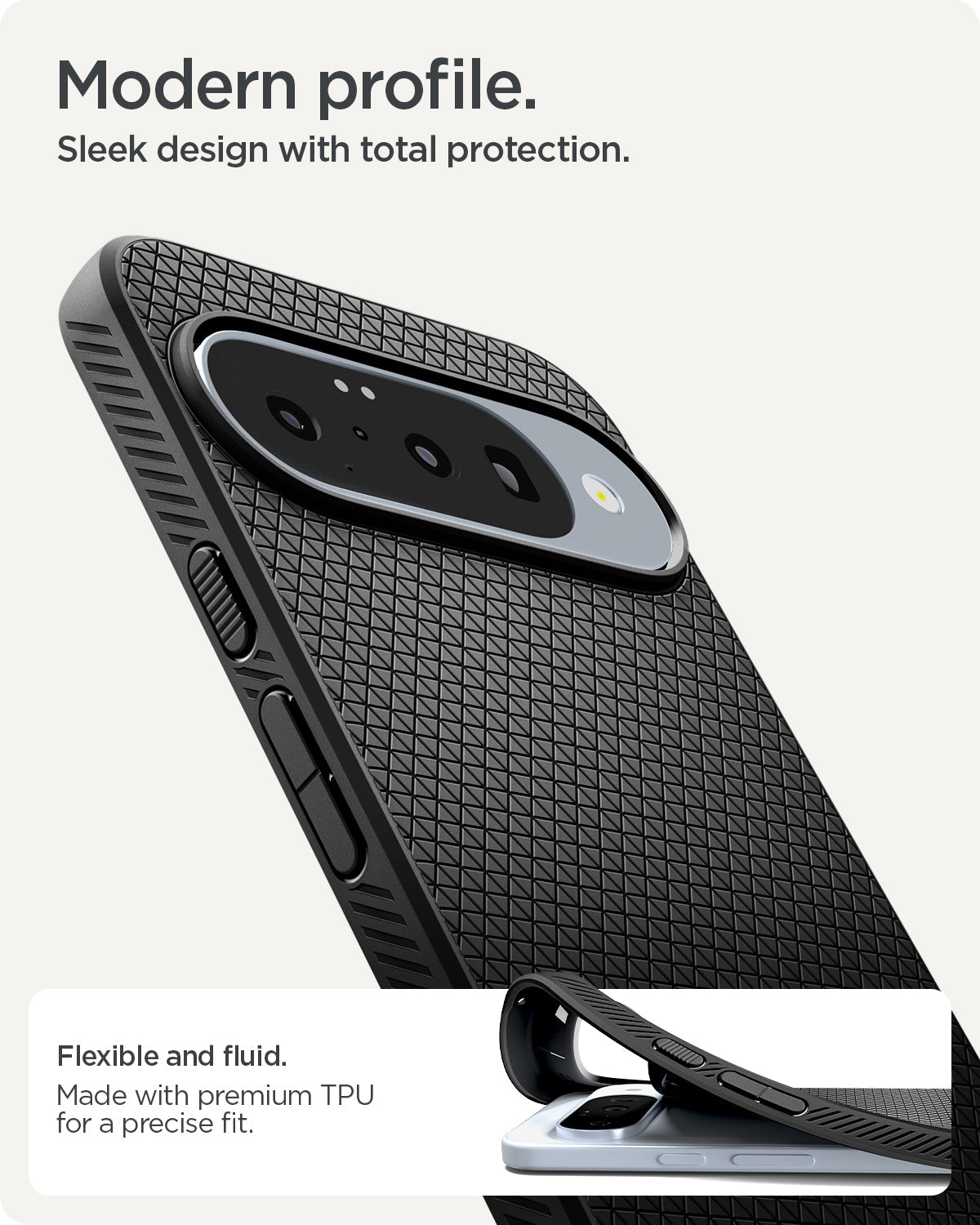ACS09714 - Pixel 10 / Pixel 10 Pro Case Liquid Air in matte black showing the modern profile. Sleek design with total protection. Flexible and fluid, made with premium TPU for a precise fit