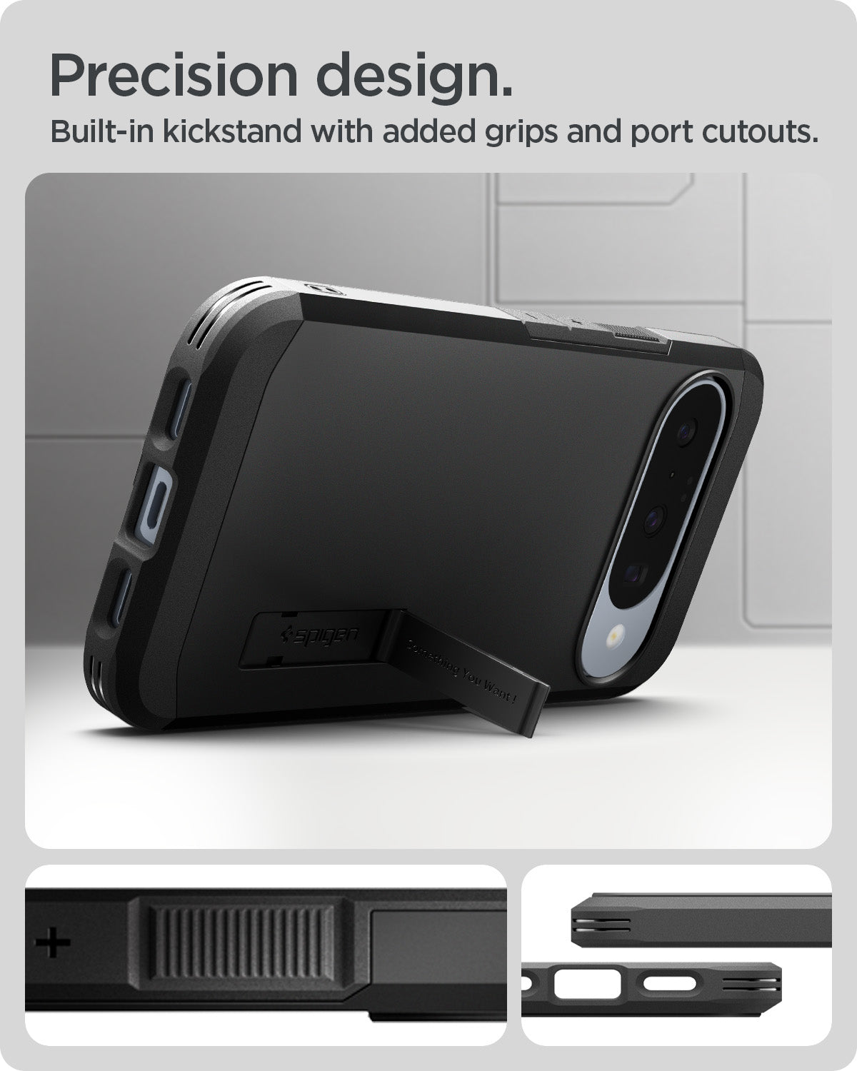 ACS09705 - Pixel 10 Pixel 10 Pro Tough Armor AI (MagFit) in black showing precision design. built in kickstand with added grips and port cutouts