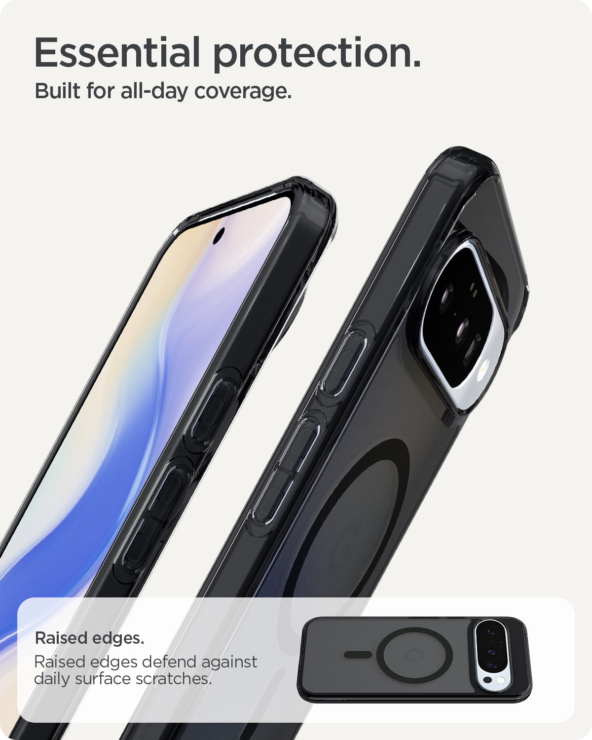 ACS09703 - Pixel 10 / Pixel 10 Pro Case Ultra Hybrid Metal Ring (MagFit) in frost black showing the essential protection. Built for all day coverage. Raised edges to defend against daily surface scratches.