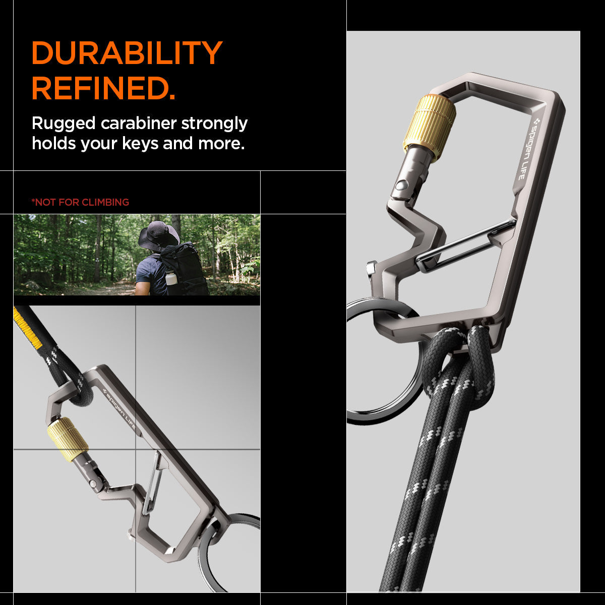 AHP08894 - Carabiner | LF101 in black showing the durability refined. Rugged carabiner strongly holds your keys and more.