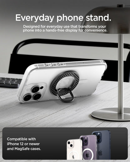 AMP09334 - O-Mag Magnetic Phone Holder (Mag Fit) | OM106 showing ring holder used as kickstand propping up iphone on desk with iphone compatibility callout below