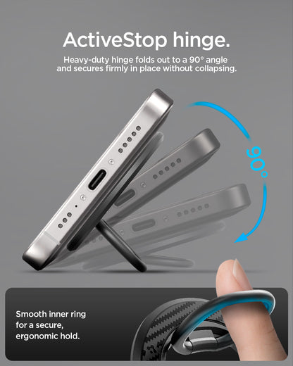 AMP09334 - O-Mag Magnetic Phone Holder (Mag Fit) | OM106 showing activestop hinge folding to 90 degrees with smooth inner ring ergonomic grip callout