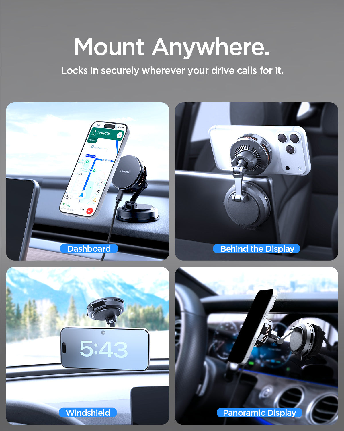 ACP11399 - Peltier Dashboard Charging Mount with Cable | PLT100 (Mag Fit) showing "Mount Anywhere" the PLT100 installed on a dashboard, behind a display, on a windshield, and on a panoramic display.