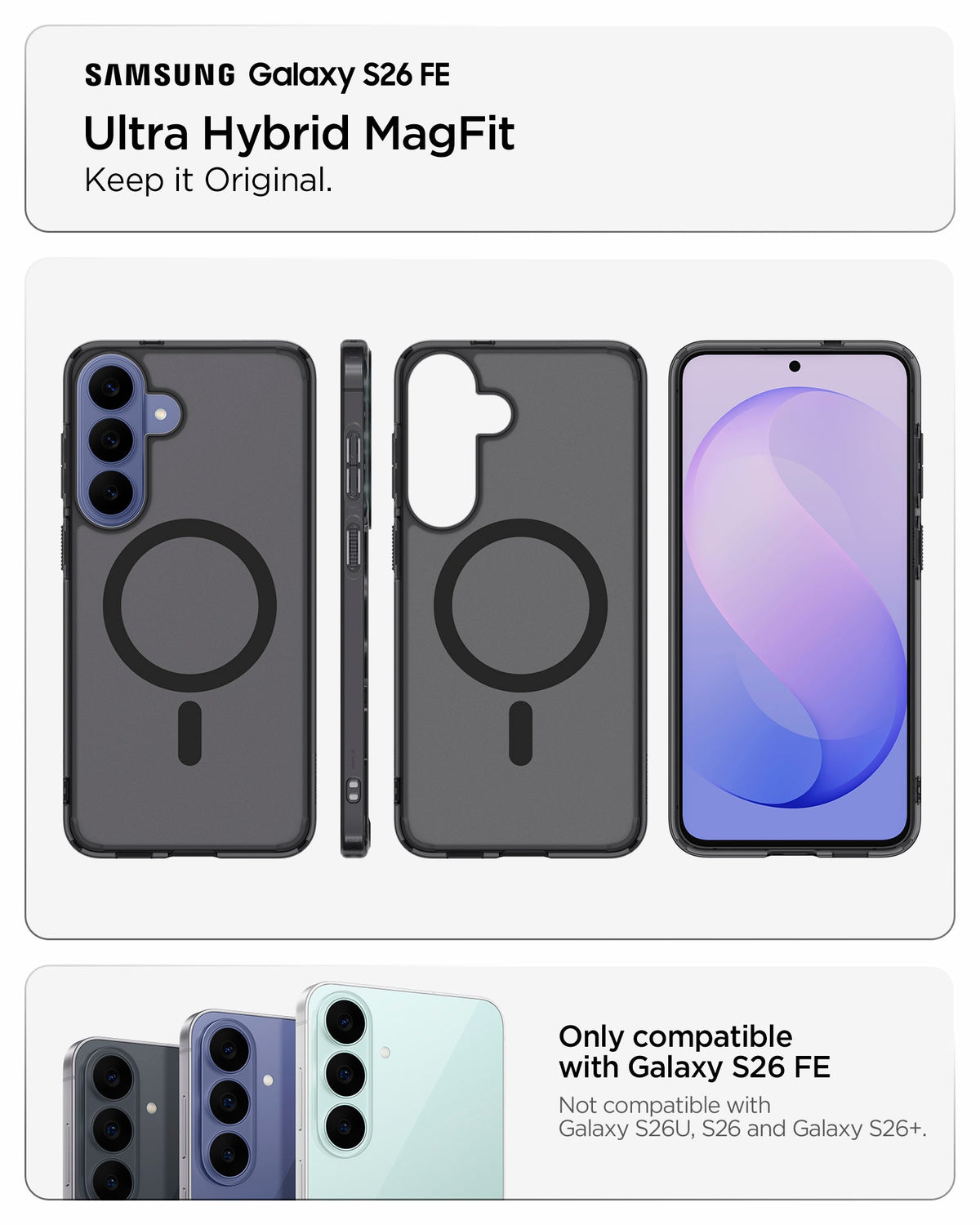 ACS11637 - Galaxy S26 FE Ultra Hybrid (Mag Fit) case with front, back, and side views and precise device compatibility