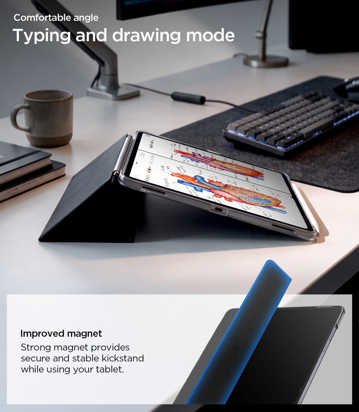ACS11821 - Galaxy Tab S12 Ultra Liquid Air Folio showing a tablet positioned at a low angle for typing and drawing with the magnetic folio cover folded into a stand.