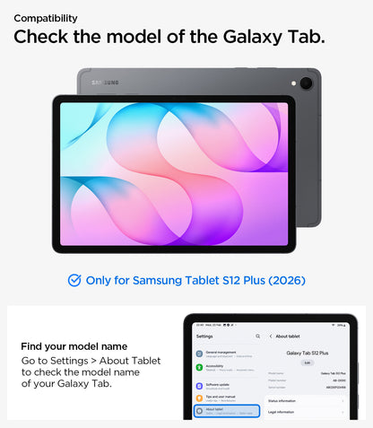 ACS11822 - Galaxy Tab S12+ Rugged Armor Pro showing Galaxy Tab S12 Plus (2026) compatibility and instructions for checking the tablet model in Settings.