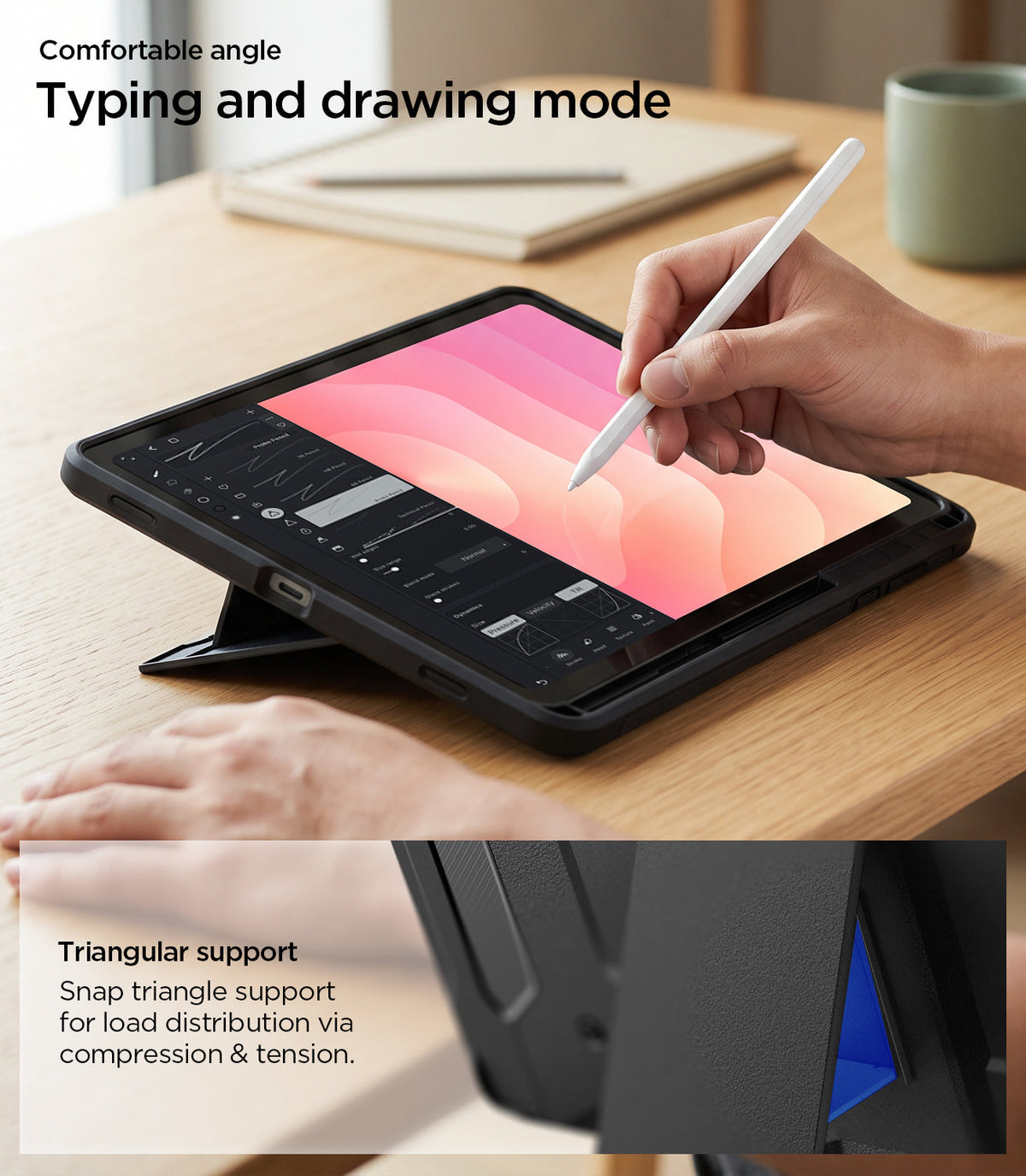ACS11827 - Galaxy Tab S12+ Tough Armor Pro showing the tablet positioned for typing and drawing with a triangular support stand for a comfortable viewing angle.