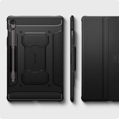 ACS09380 - Galaxy Tab S10 FE Case Rugged Armor Pro in Matte Black showing the back, side and partial front