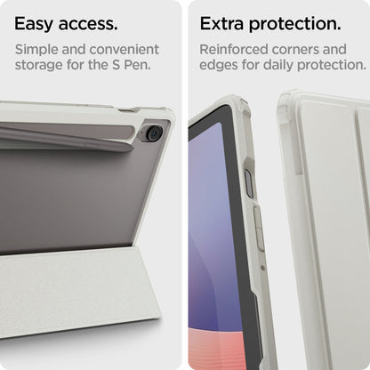 ACS09533 - Galaxy Tab S10 FE Case Ultra Hybrid Pro in Gray showing the easy access. Simple and convenient storage for the S Pen. Extra protection. Reinforced corners and edges for daily protection