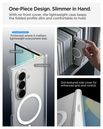 ACS11495 - Galaxy Z Fold 8 Ultra Air Skin Zero (Mag Fit) showing the "One-Piece Design, Slimmer in Hand" graphic, labeling the open front and covered back of the case, alongside a lifestyle photo of a hand placing the cased phone on a shelf and a close-up of the dot-text
