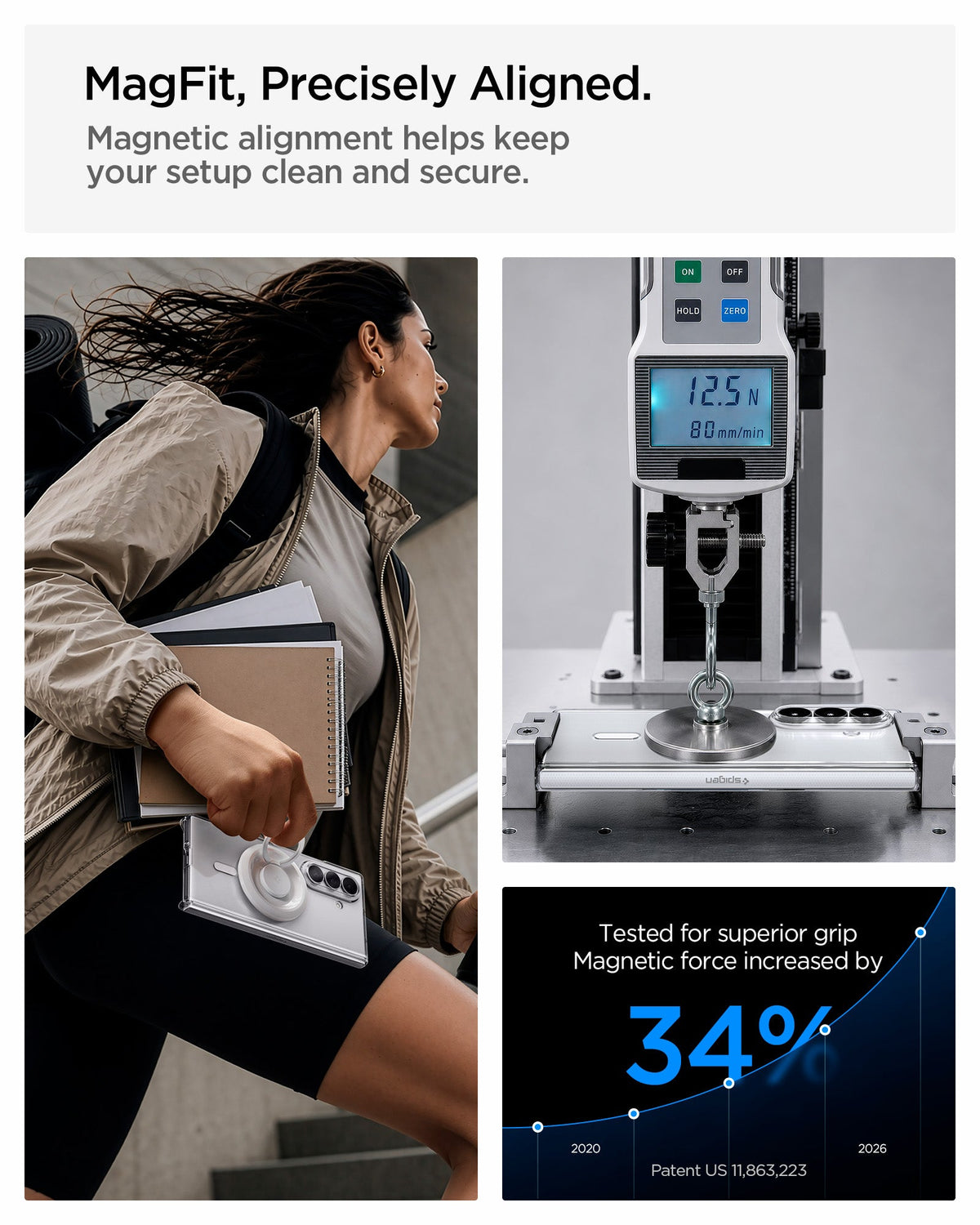 ACS11495 - Galaxy Z Fold 8 Ultra Air Skin Zero (Mag Fit) showing the "MagFit, Precisely Aligned" graphic, with a lifestyle photo of a person holding the phone and books, alongside a lab image measuring magnetic force at 12.5N