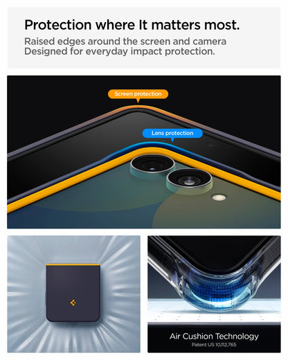 ACS11517 - Galaxy Z Flip 8 Nano Pop (Mag Fit) Blueberry Navy showing the "Protection where It matters most" graphic, highlighting raised screen and lens protection edges, alongside images of the case's shock-dispersing design