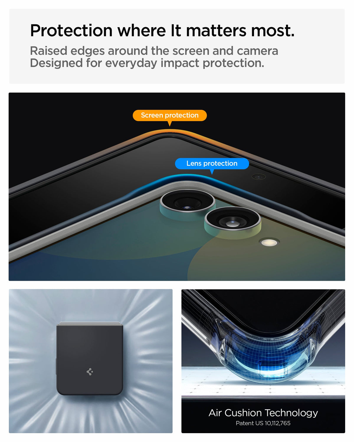 ACS11518 - Galaxy Z Flip 8 Nano Pop (Mag Fit) Black Sesame showing the "Protection where It matters most" graphic, highlighting raised screen and lens protection edges, alongside images of the case's shock-dispersing design and an "Air Cushion Technology" close-up