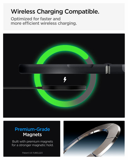 ACS11518 - Galaxy Z Flip 8 Nano Pop (Mag Fit) Black Sesame showing it is wireless charging compatible. Optimized for faster and more efficient wireless charging