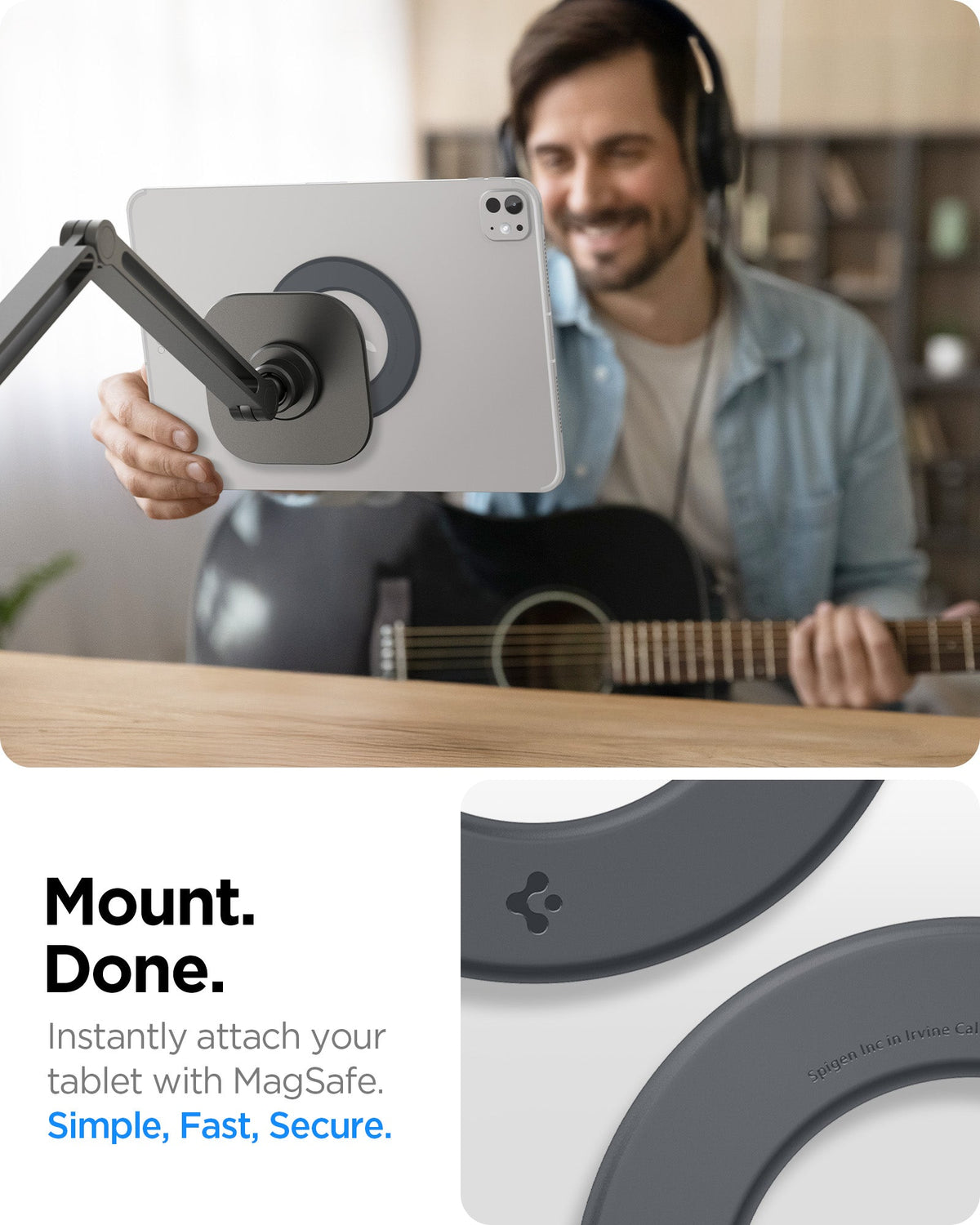 AMP09191 - OneTap Clamp in Space Gray showing the mount done. Instantly attach your tablet with MagSafe. Simple, Fast, Secure