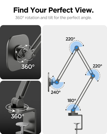 AMP09191 - OneTap Clamp in Space Gray find your perfect view with 360° rotation and tilt for the ideal angle. From bottom to top, the hinges offer 180°, 220°, 220°, and 240° of movement, with full 360° rotation at the base and at the hinge connected to the plate