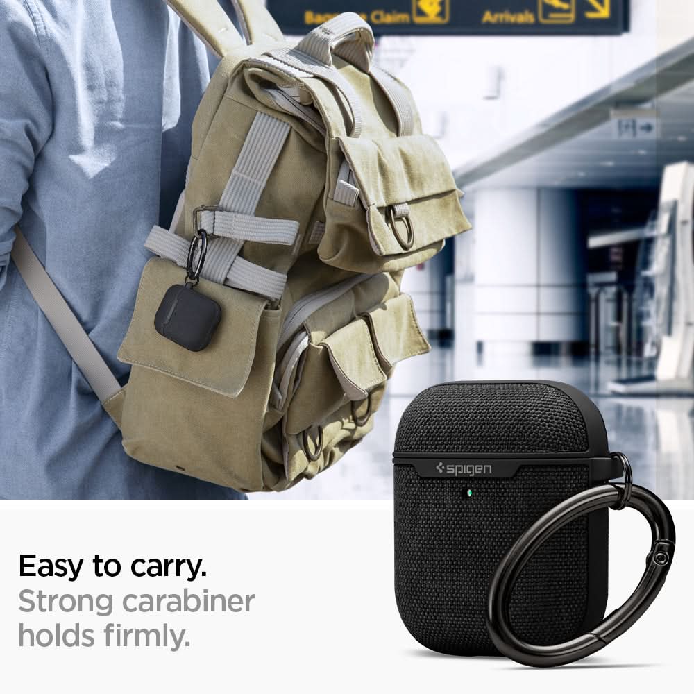074CS27030 - Apple AirPods 1 / 2 Case Urban Fit in black showing how it is easy to carry. Strong carabiner holds firmly