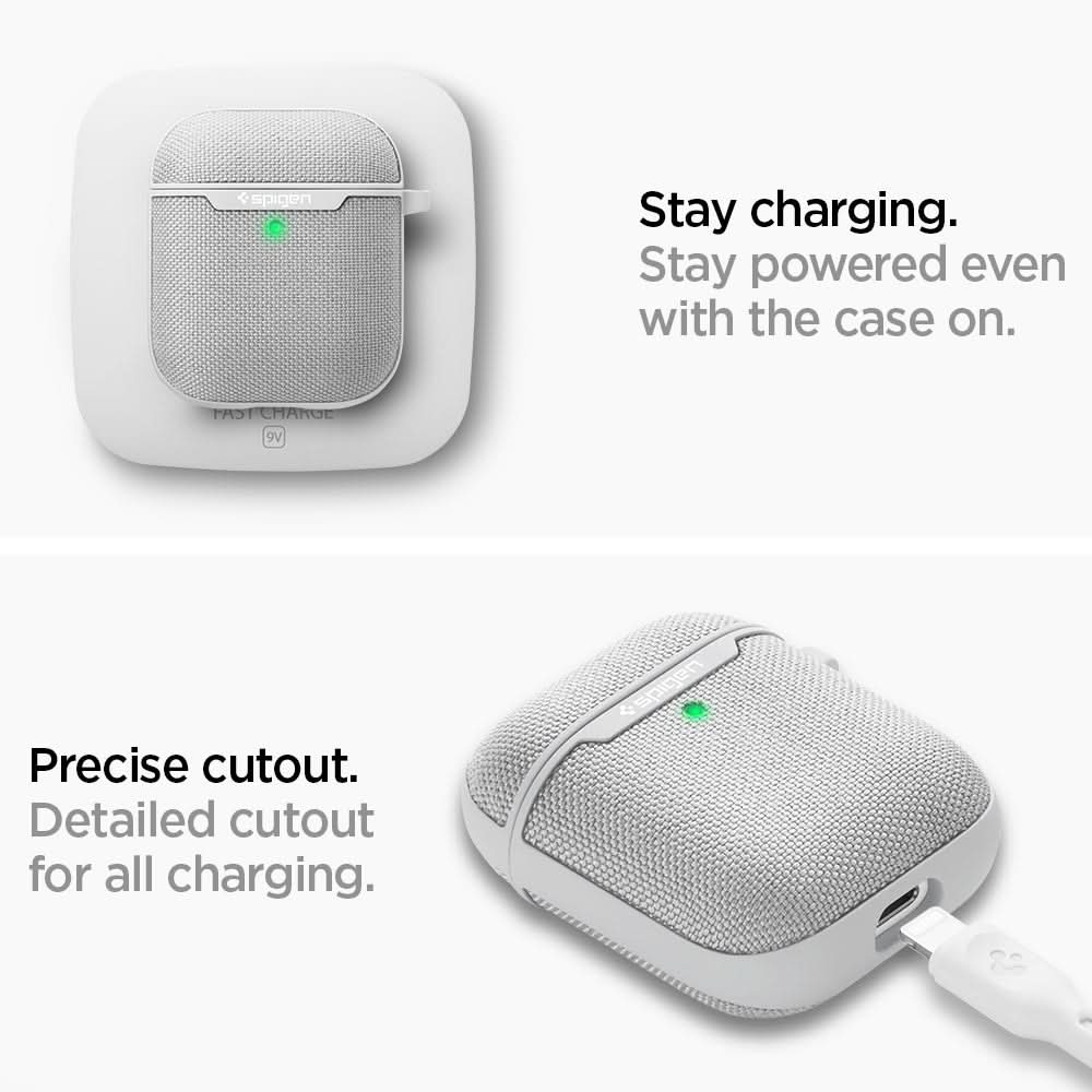 074CS27031 - Apple AirPods 1 / 2 Case Urban Fit in gray showing how it stays charging. Stay powered even with the case on. Precise cutout. Detailed cutout for all charging