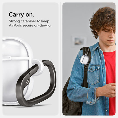 ACS08643 - AirPods 4 Pro / AirPods 4 Ultra Hybrid in Jet White showing the strong carabiner to keep AirPods secure on-the-go