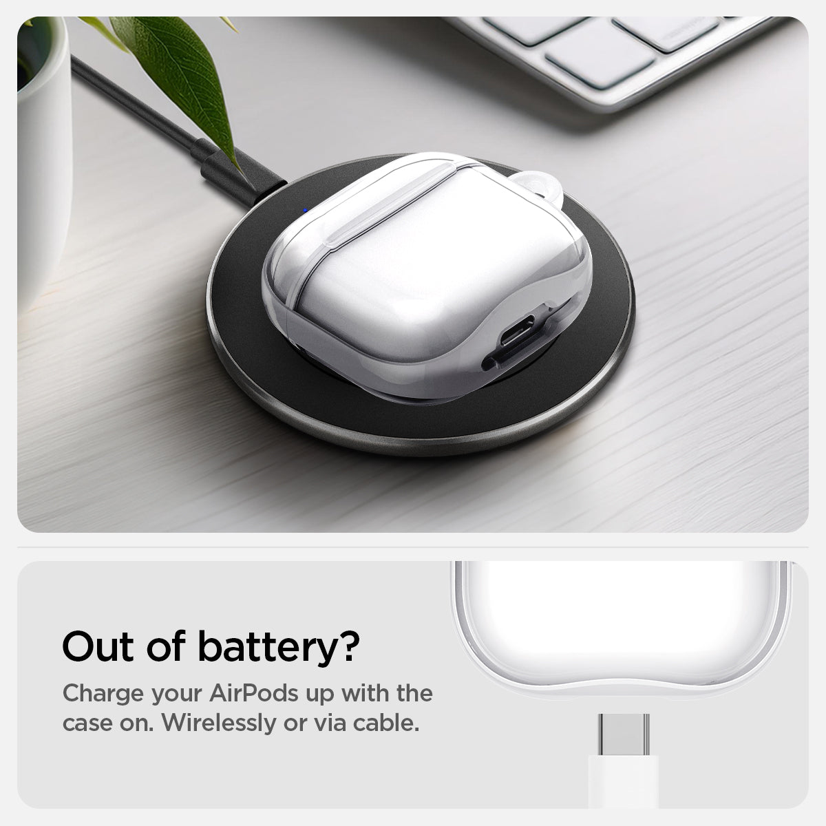 ACS08643 - AirPods 4 Pro / AirPods 4 Ultra Hybrid in Jet White showing the charging your AirPods up with the case on. Wirelessly or via cable