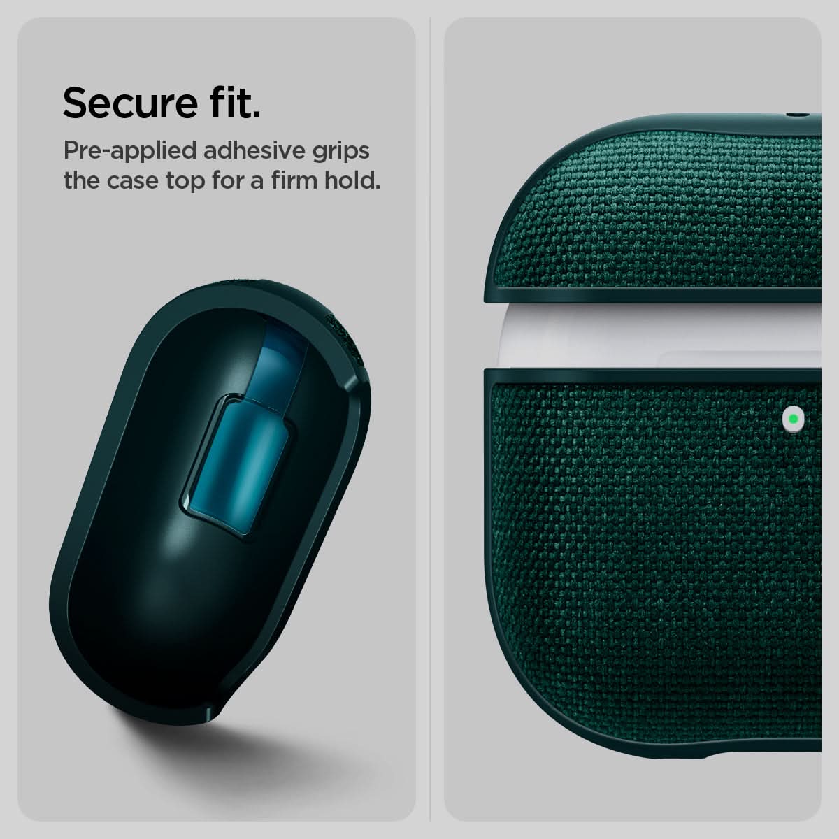 ACS08650 - AirPods 4 Pro / AirPods 4 Case Urban Fit in Midnight Green showing the secure fit Pre-applied adhesive grips the case top for a firm hold