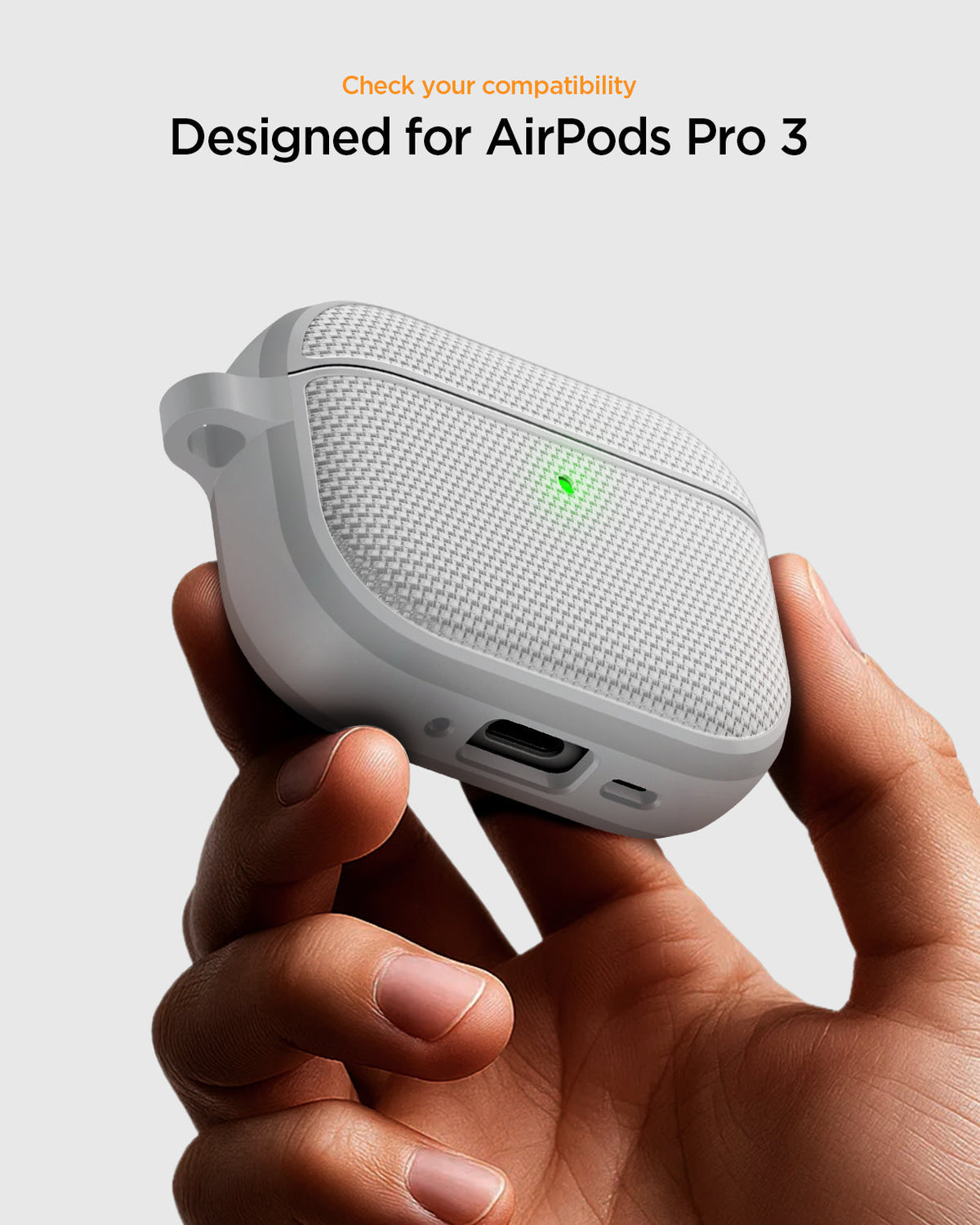 ACS11144 - AirPods Pro 3 Classic Fit case held in hand showing textured finish LED indicator visibility and precise charging port cutout