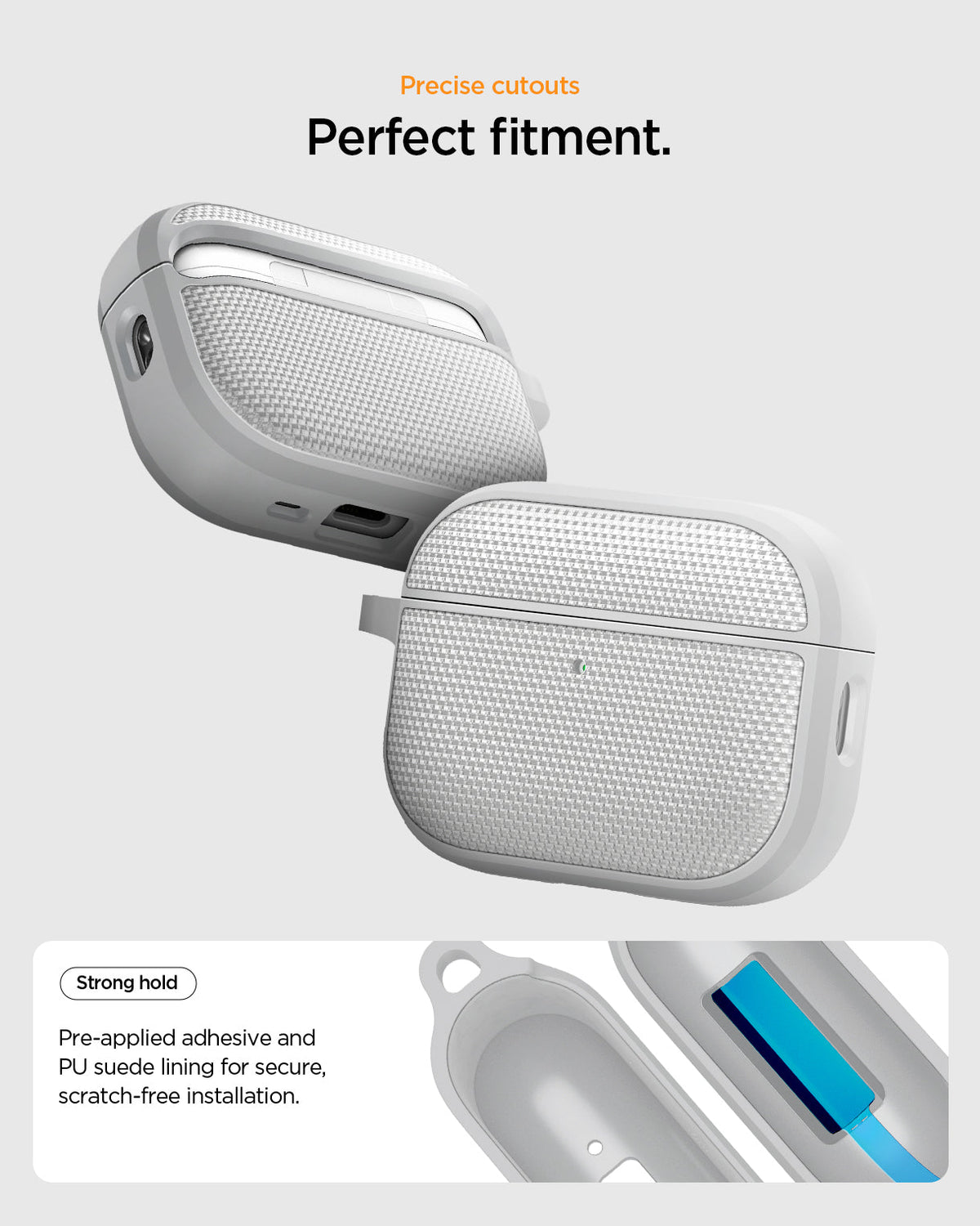 ACS11144 - AirPods Pro 3 Classic Fit case showing precise cutouts and perfect fit with textured fabric panels, open and closed views highlighting adhesive lining and charging port access