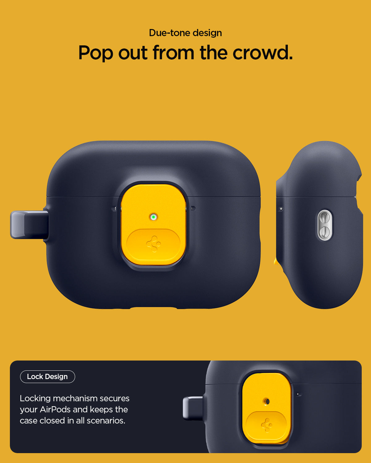 ACS09829 - AirPods Pro 3 Nano Pop in Blueberry Navy showing due tone design. pop out from the crowd. Lock design. locking mechanism secures your airpods and keeps the case closed in all scenarios