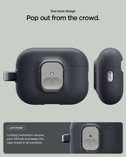 ACS10133 - AirPods Pro 3 Nano Pop in Black Sesame showing due tone design. pop out from the crowd. Lock design. locking mechanism secures your airpods and keeps the case closed in all scenarios