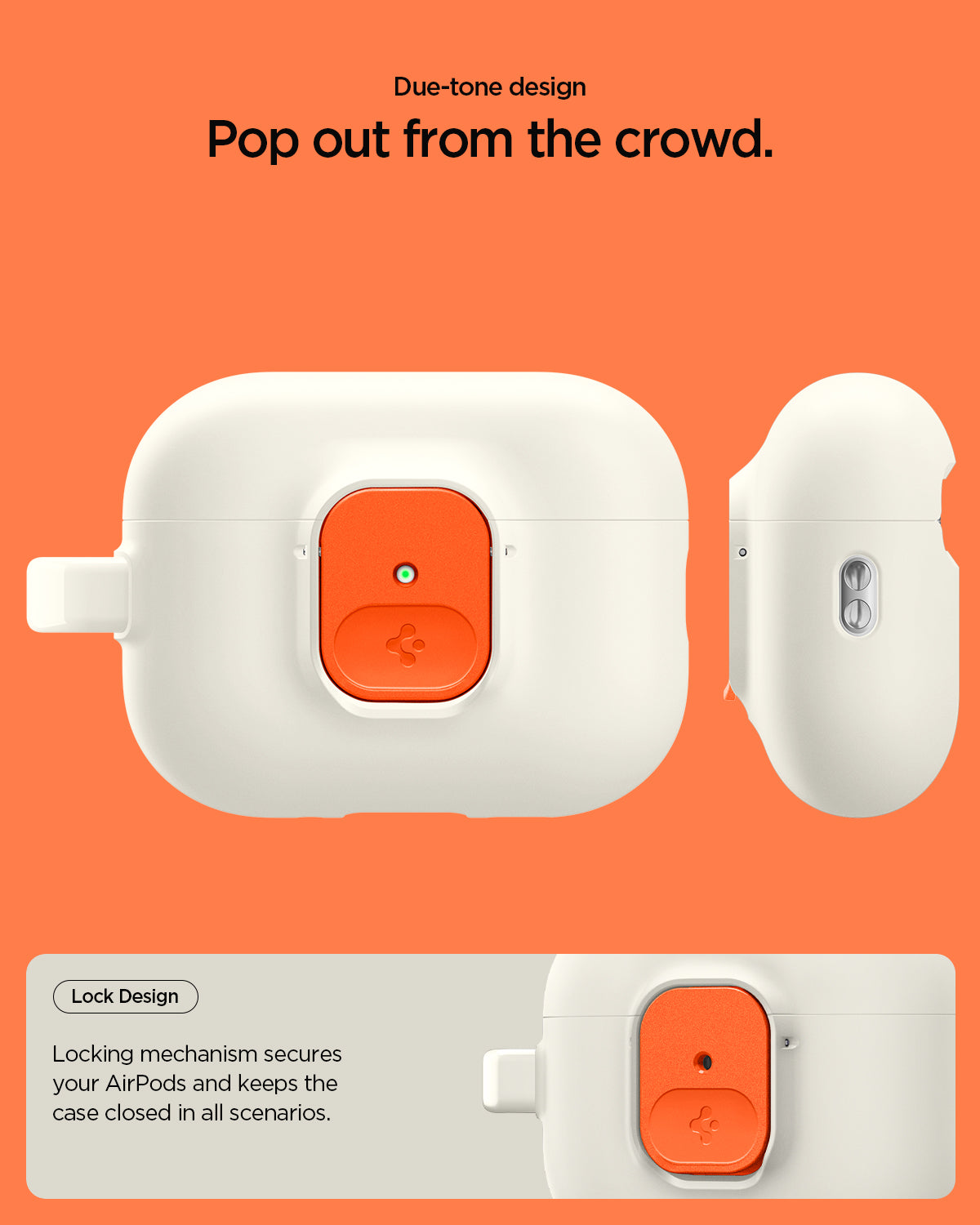 ACS10134 - AirPods Pro 3 Nano Pop in Orange Beige showing due tone design. pop out from the crowd. Lock design. locking mechanism secures your airpods and keeps the case closed in all scenarios