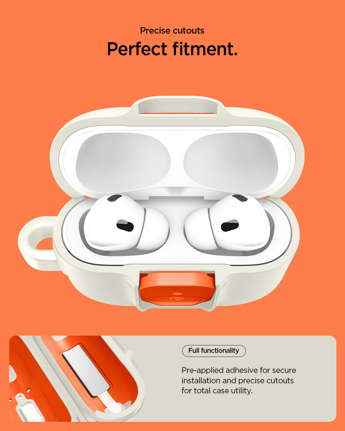 ACS10134 - AirPods Pro 3 Nano Pop in Orange Beige showing precise cutouts perfect fitment. Full functionality. Pre applied adhesive for secure installation and precise cutouts for total case utility
