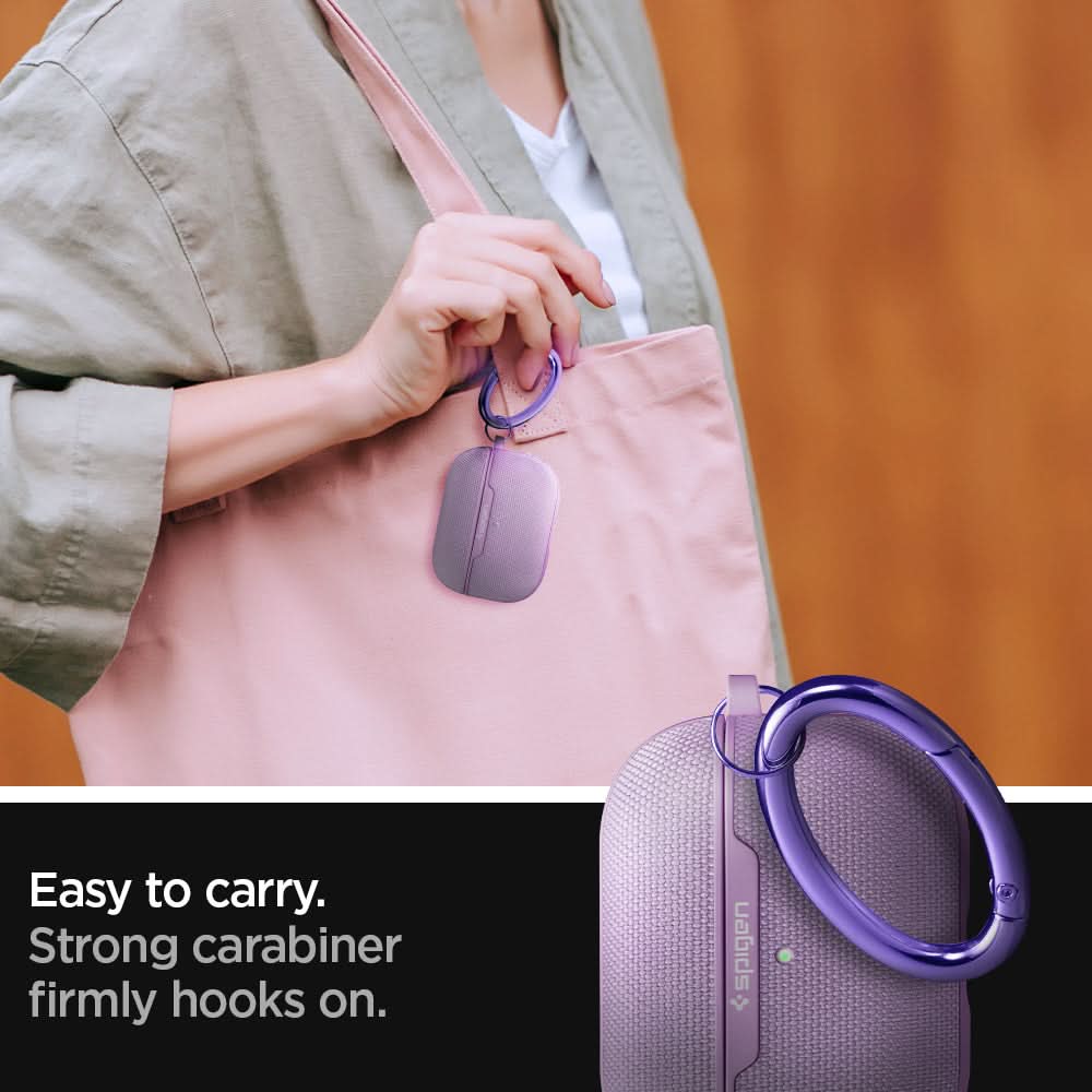 ASD00574 - AirPods Pro Case Urban Fit in Purple showing how it is easy to carry. Strong carabiner firmly hooks on