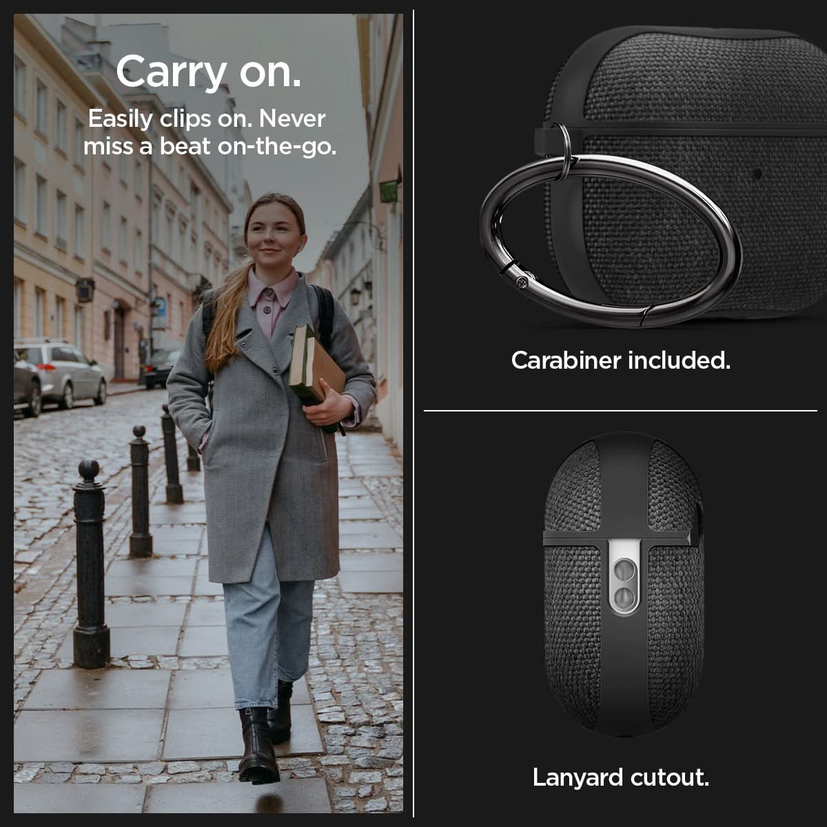 ACS05483 - Apple AirPods Pro 2 Case Urban Fit in black showing how it can easily clips on. You will never miss a beat on-the-go with carabiner and lanyard cutout