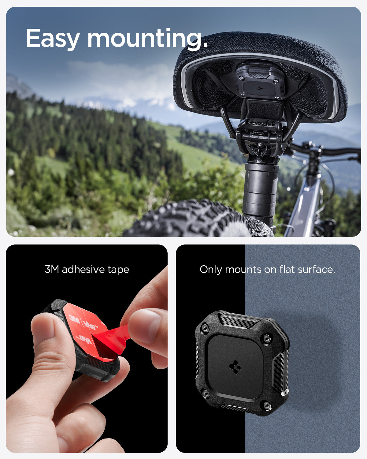 ACS10464 - 4 Pack Apple AirTag Tough Armor IP in Black showing the easy mounting with 3M adhesive tape. Only mounts on flat surface