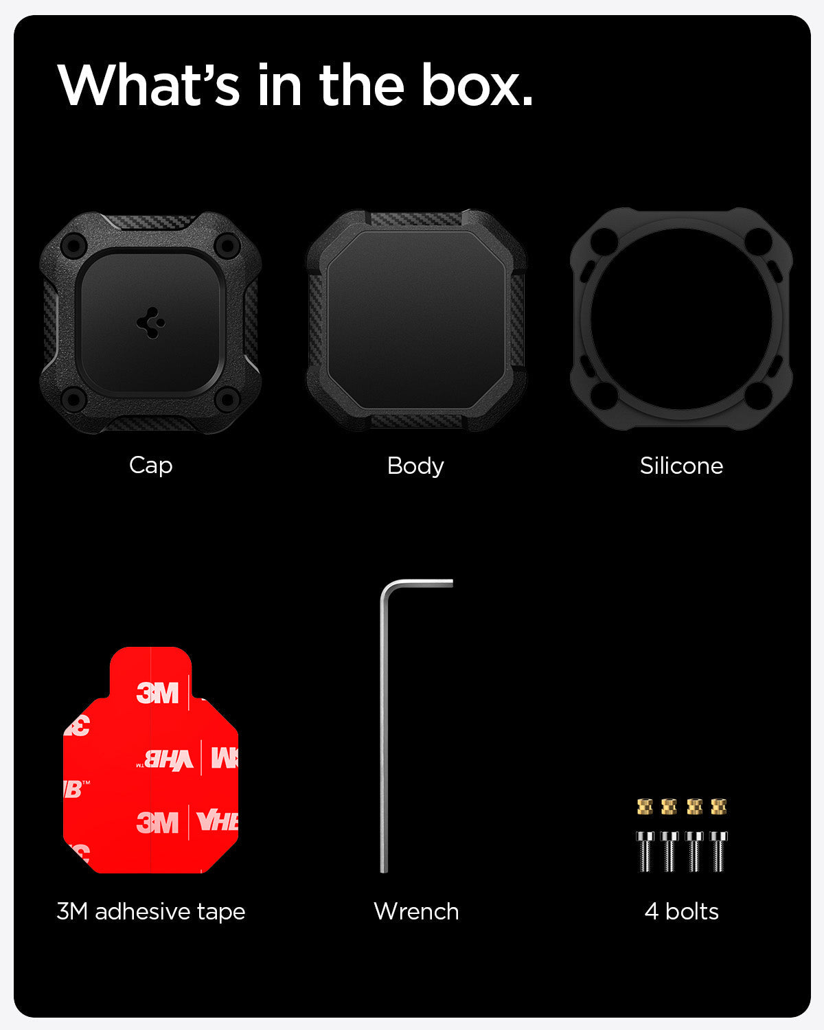 ACS10464 - 4 Pack Apple AirTag Tough Armor IP in Black showing what's in the box. Cap, Body and Silicone, 3 M adhesive tape, Wrench and 4 bolts