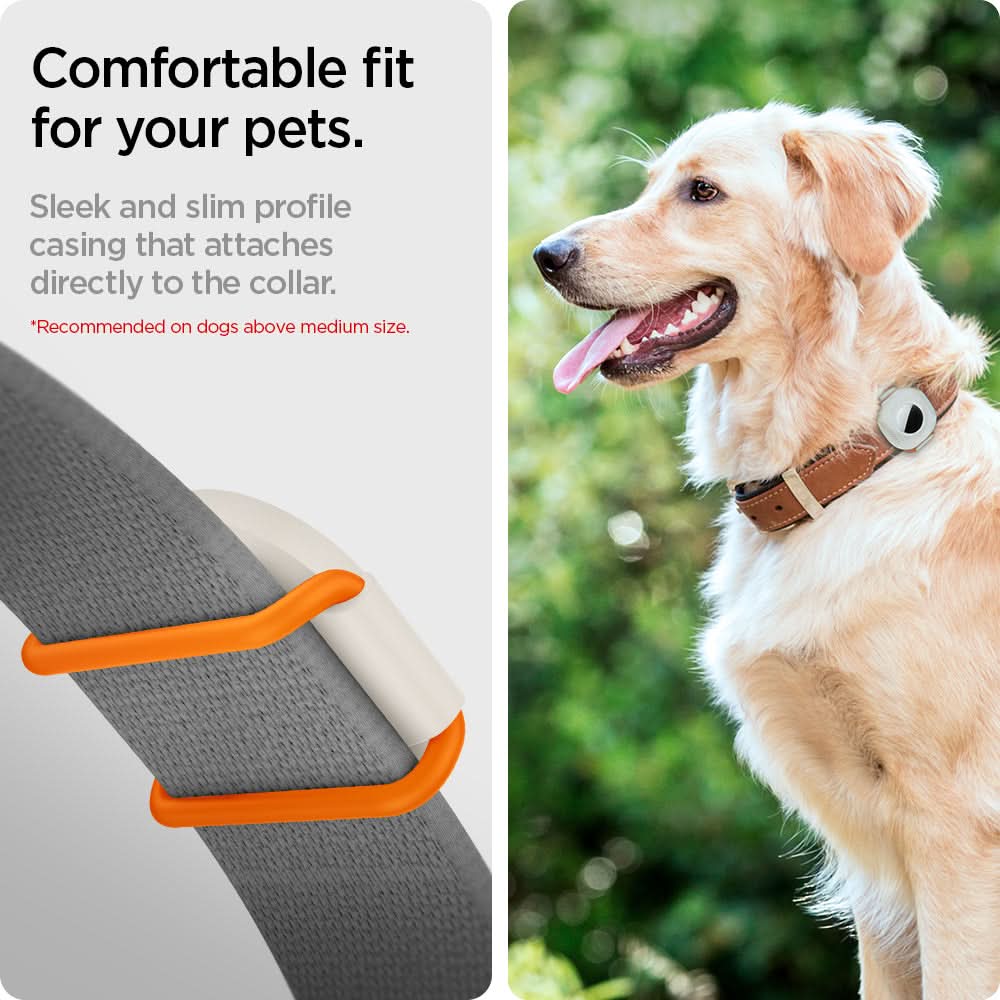 AHP03632 - Apple AirTag Pet Collar ComforTag in cream showing the comfortable fit for your pets. Sleek and slim profile casing that attaches directly to the collar