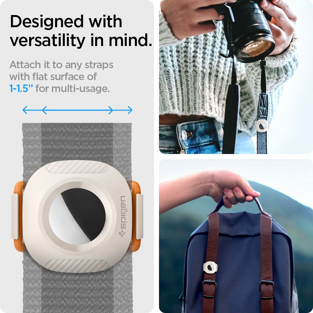 AHP03632 - Apple AirTag Pet Collar ComforTag in cream showing the designed with versatility in mind. Attach it to any straps with flat surface f 1-15" for multi-usage