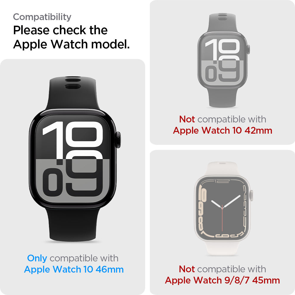AFL08579 - Apple Watch 10 (46mm) EliteShield EZ Fit in Clear showing the compatibility. Only compatible with Apple Watch 10 46mm and not compatible with Apple Watch 10 42mm | Apple Watch 9/8/7 45mm