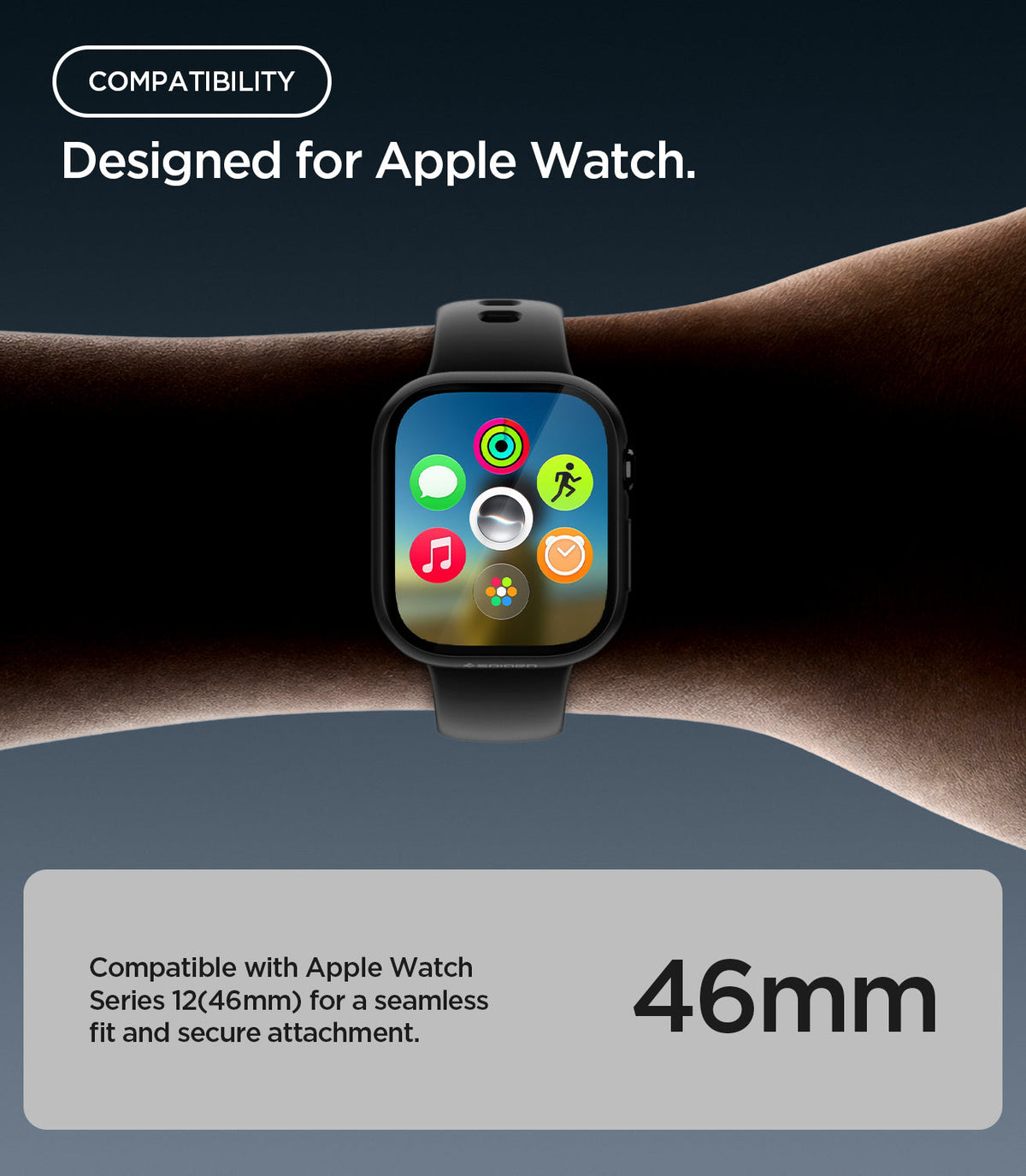 ACS11892 - Spigen Apple Watch case on a wrist showing the watch face with app icons, labeled compatible with Apple Watch Series 12 46mm