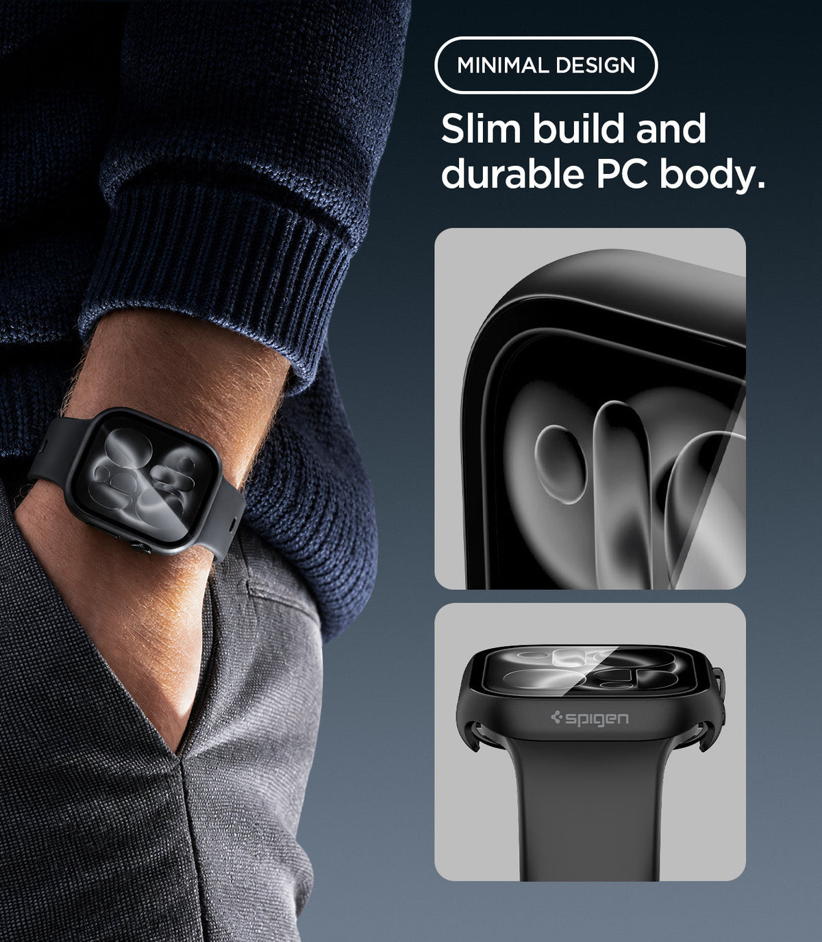 ACS11892 - Man wearing the Spigen Apple Watch case with hand in pocket, alongside close-up insets of the case's slim bezel and Spigen logo on the band