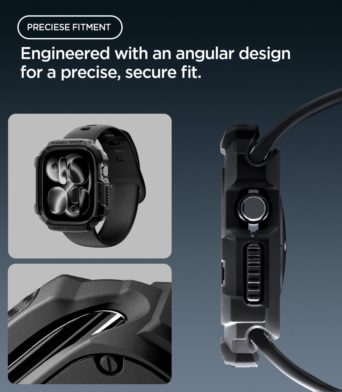 ACS11877 - Apple Watch Series 12(42mm) Case Rugged Armor in Matte Black showing the angular protective frame with precise fit around the crown and side controls