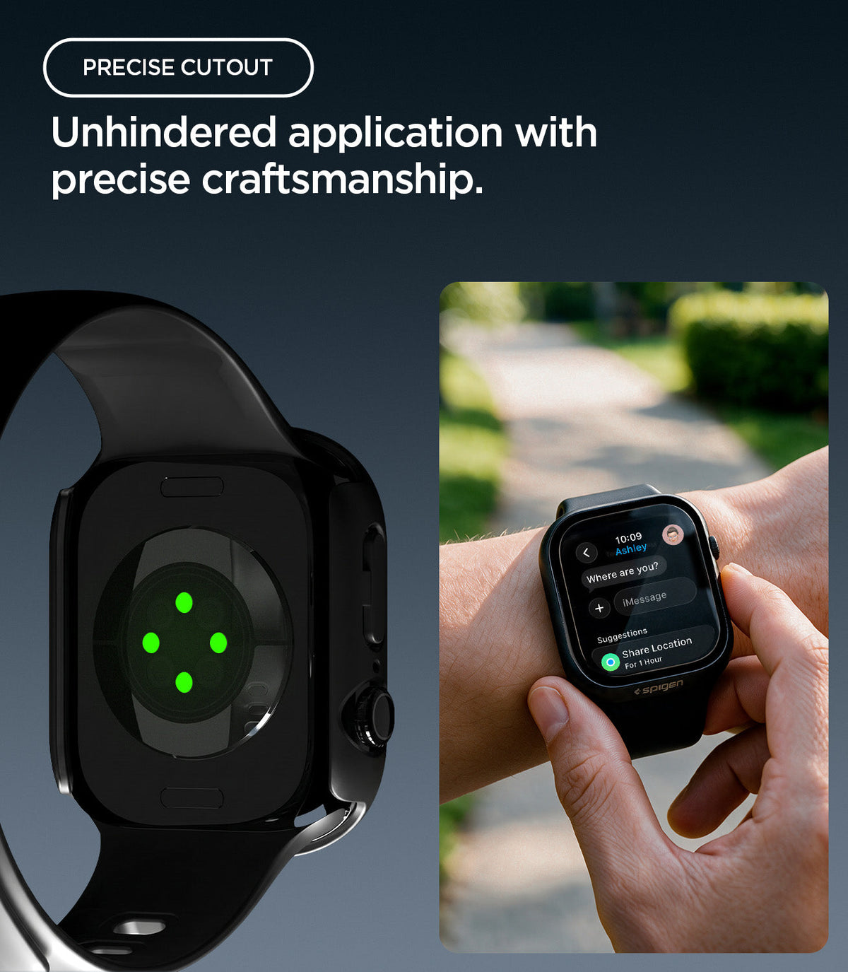 ACS11892 - Close-up of the Spigen Apple Watch case's back sensor cutout, next to a photo of someone using the watch to reply to a text message