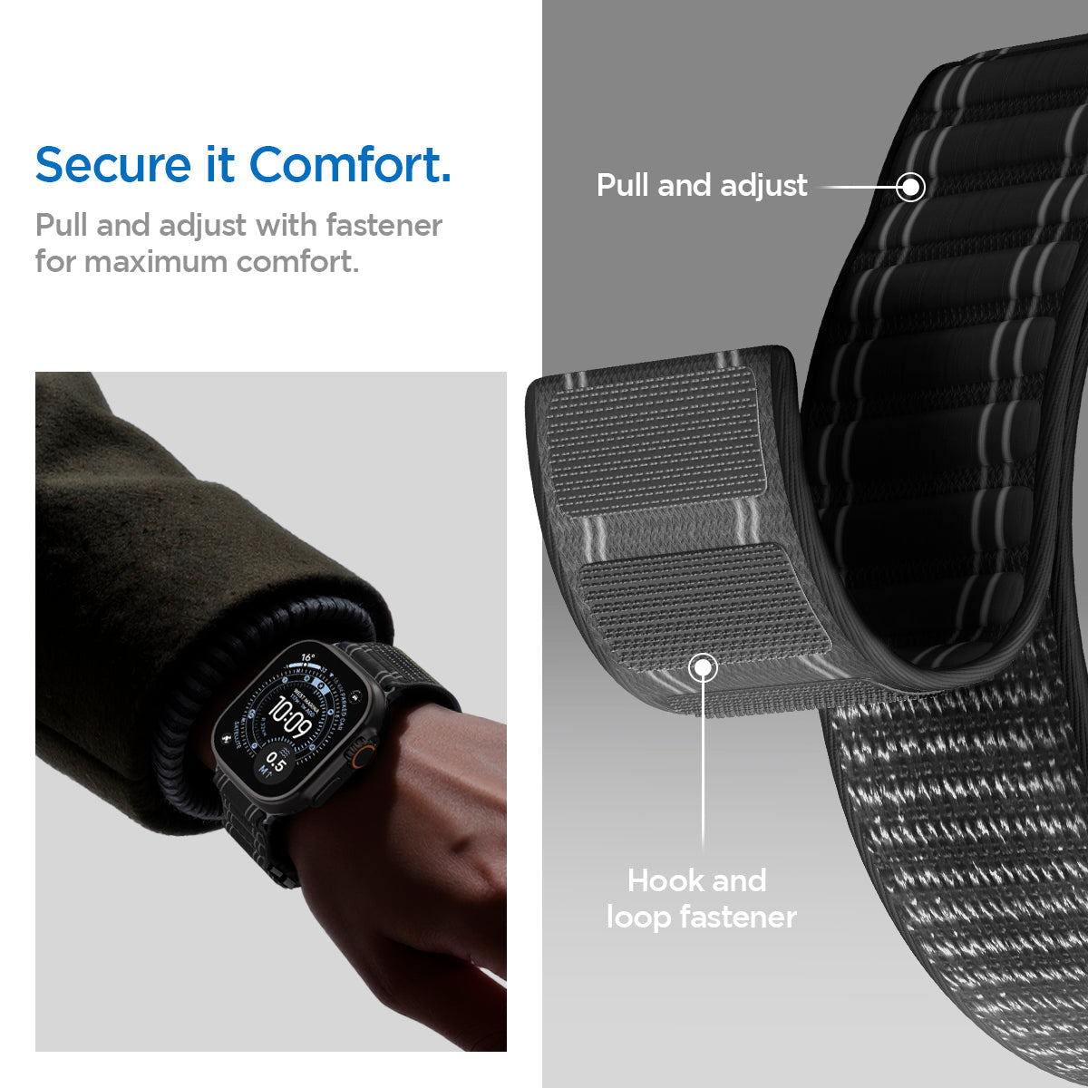 AMP10141 - Apple Watch Ultra (49mm) WBF0 in Black showing the secure it to comfort. Pull and adjust with fastener for maximum comfort
