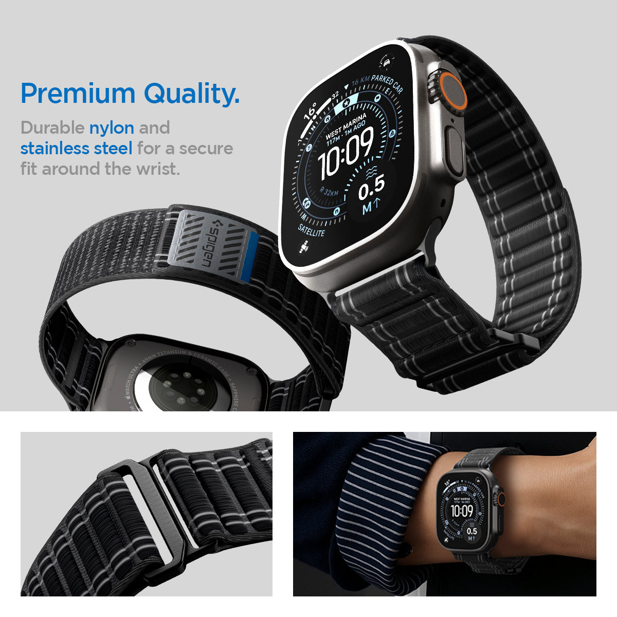 AMP10141 - Apple Watch Ultra (49mm) WBF0 in Black showing the premium quality. Durable nylon and stainless steel for a secure fit around the wrist