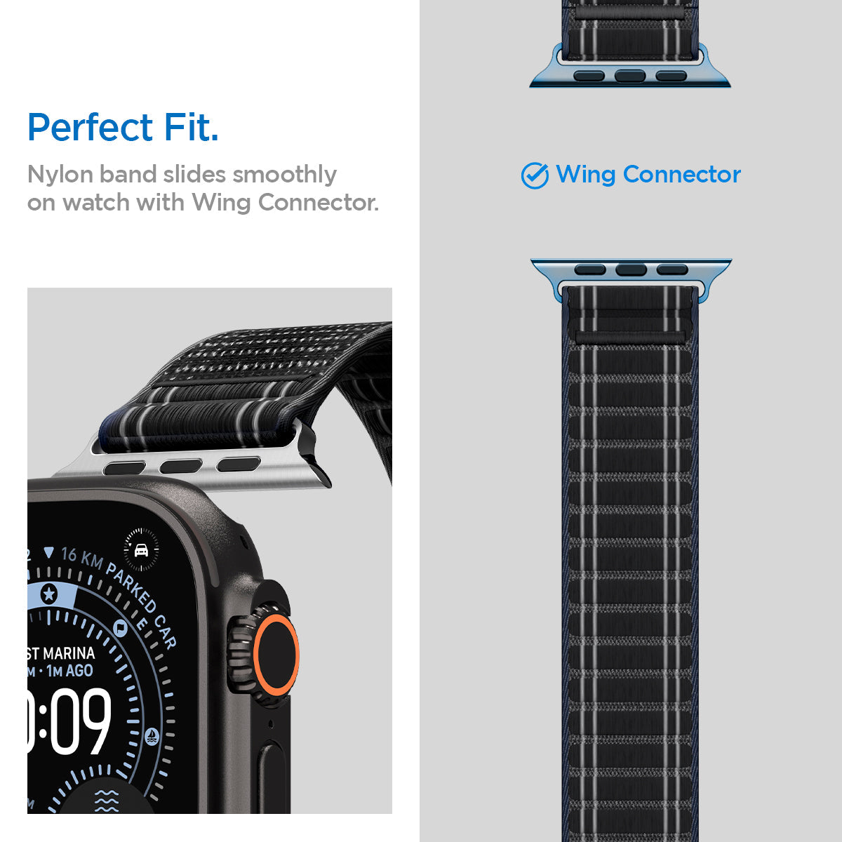 AMP10141 - Apple Watch Ultra (49mm) WBF0 in Black showing the perfect fit. Nylon band slides smoothly on watch with Wing Connector