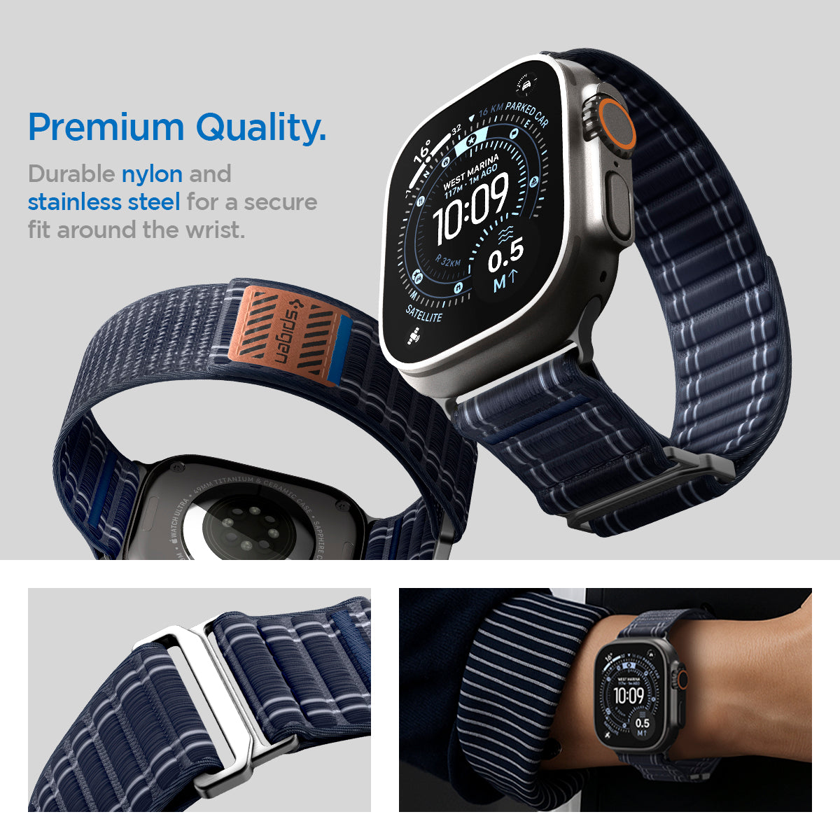 AMP10143 - Apple Watch 10/11 (46mm) WBF0 in Navy showing the premium quality. Durable nylon and stainless steel for a secure fit around the wrist