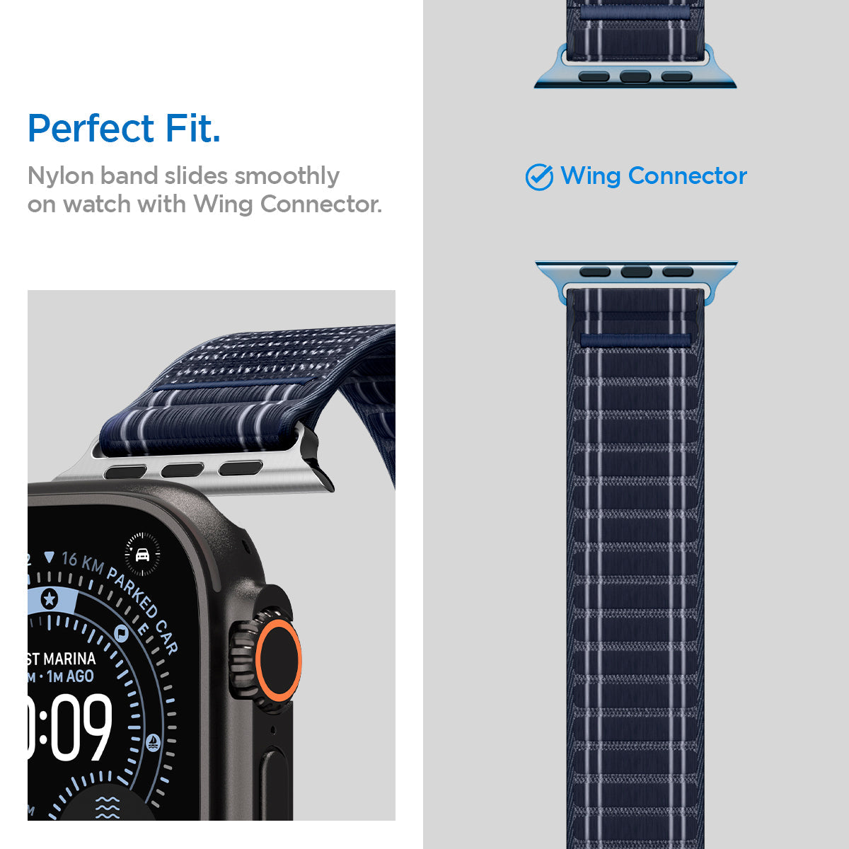 AMP10143 - Apple Watch 10/11 (46mm) WBF0 in Navy showing the perfect fit. Nylon band slides smoothly on watch with Wing Connector