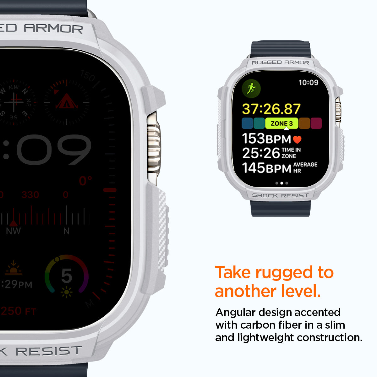 ACS07384 - Apple Watch (49mm) Rugged Armor in White angular design accented with carbon fiber in a slim and lightweight construction. Take rugged to another level.
