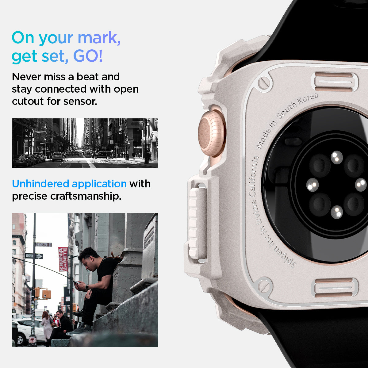 ACS08587 - Apple Watch 10 (42mm) Case Rugged Armor in Dune Beige never miss a beat and stay connected with open cutout for the sensor. Write down On your mark, get set GO! Unhindered application with precise craftsmanship.