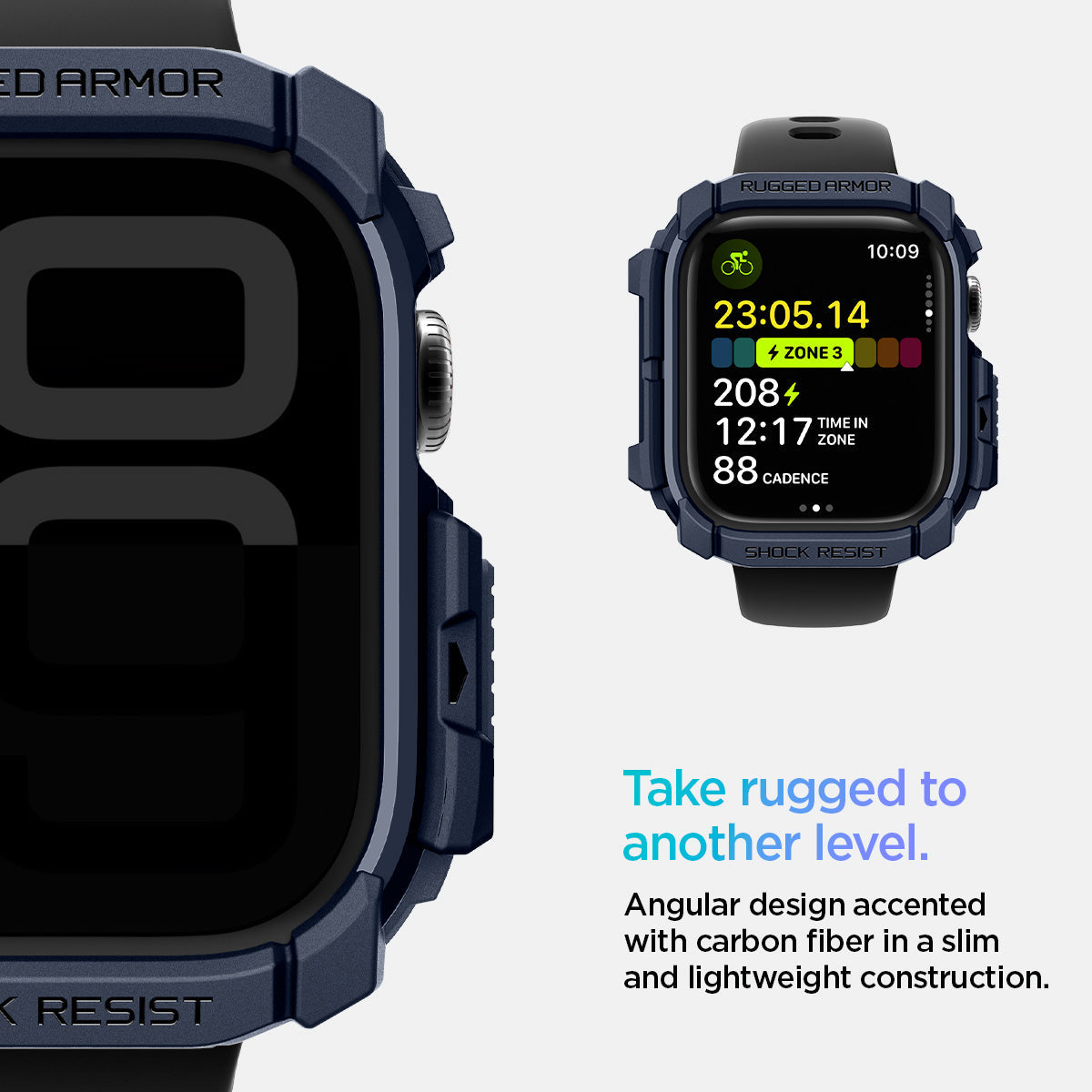 ACS08586 - Apple Watch 10 (42mm) Case Rugged Armor in Navy Blue angular design accented with carbon fiber in a slim and lightweight construction. Take rugged to another level.